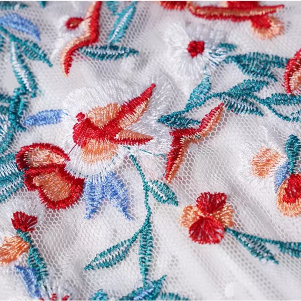 White Cleo Cotton Boho Maxi Dress W/Side Slits Hand Embroidered Stitch Coverup - Picture 7 of 9